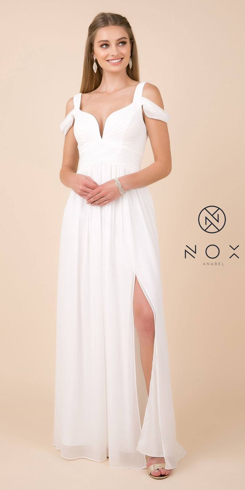 White chiffon cold-shoulder A-line long dress with V-neck and thigh-high slit