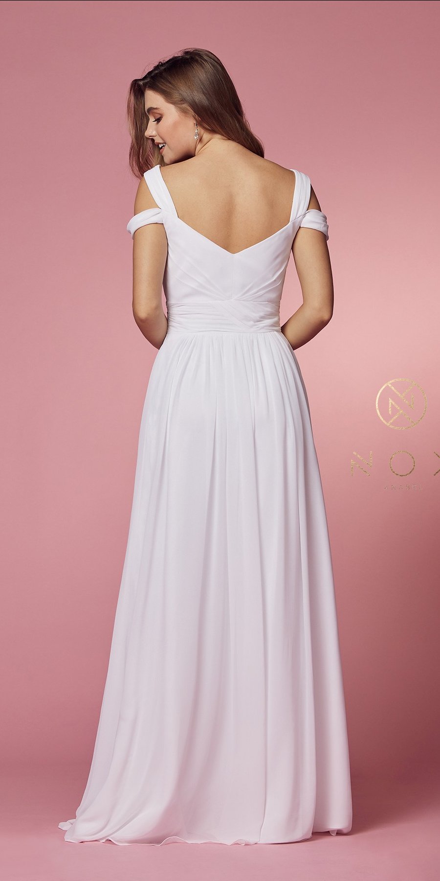 White chiffon cold-shoulder A-line long dress with open back and flowing skirt
