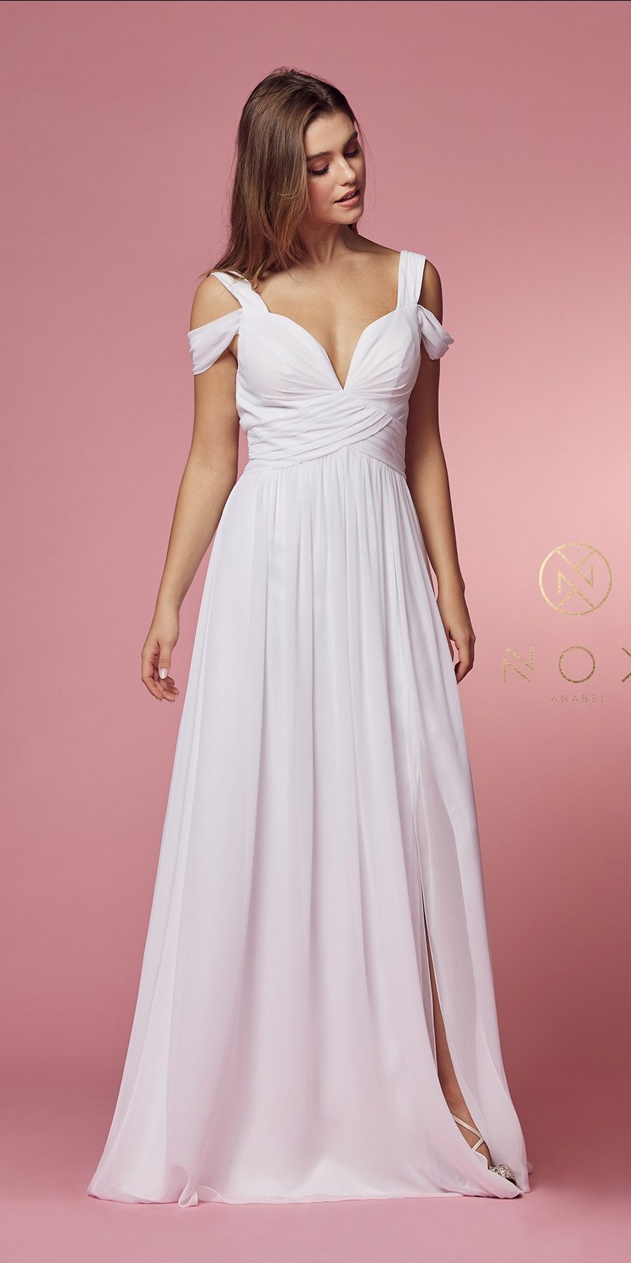 White chiffon cold-shoulder A-line long dress with V-neck and gathered waist