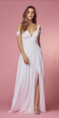 White chiffon cold-shoulder A-line long dress with V-neck bodice and side slit