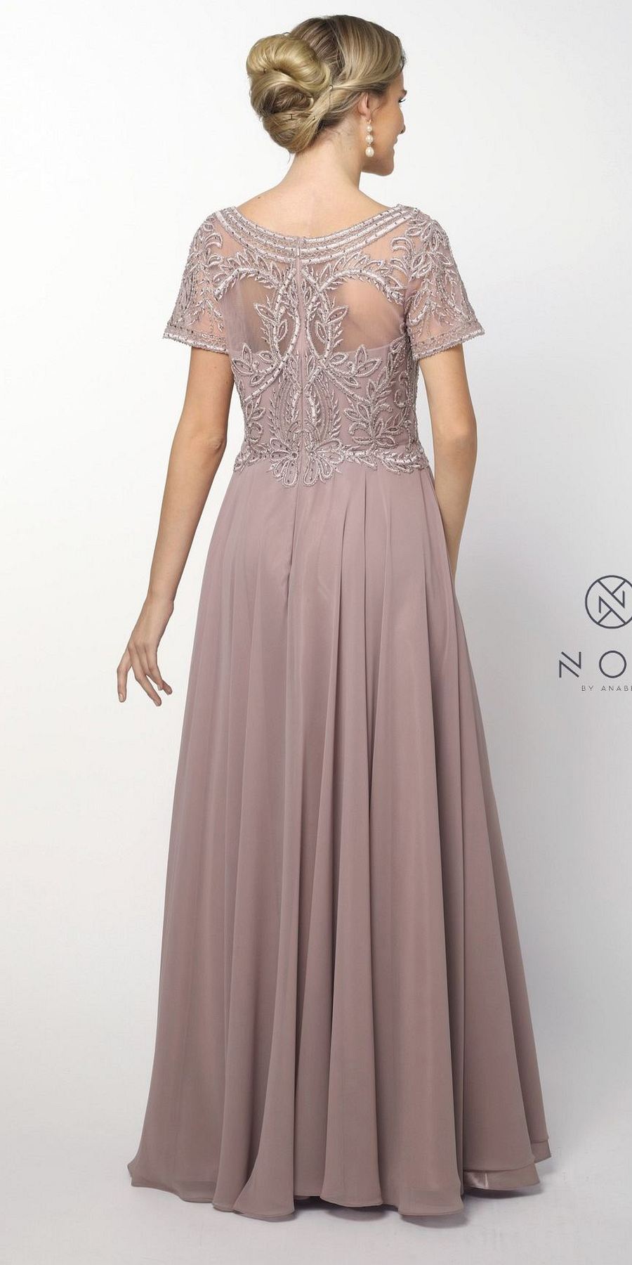Back view of embroidered short-sleeve formal dress in dusty rose, lace-like yoke
