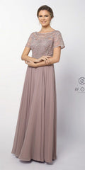Embroidered short-sleeve formal dress in dusty rose, round neckline, flowing skirt