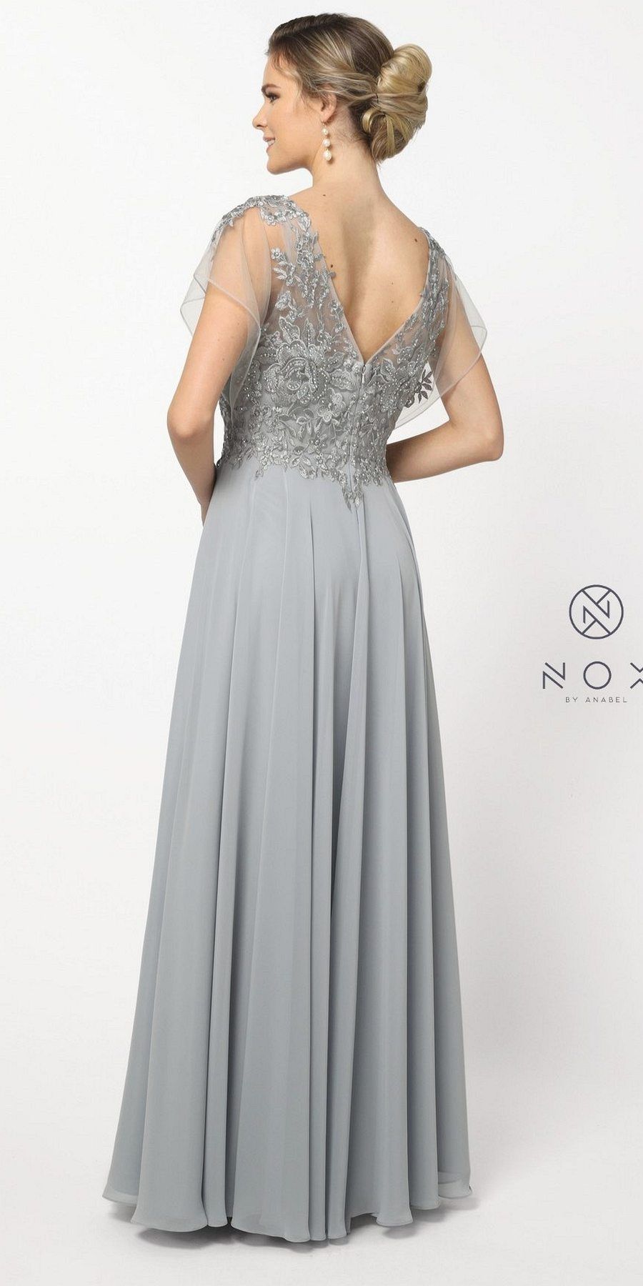 Long evening dress with silver lace back and gray pleated skirt, sheer cap sleeves