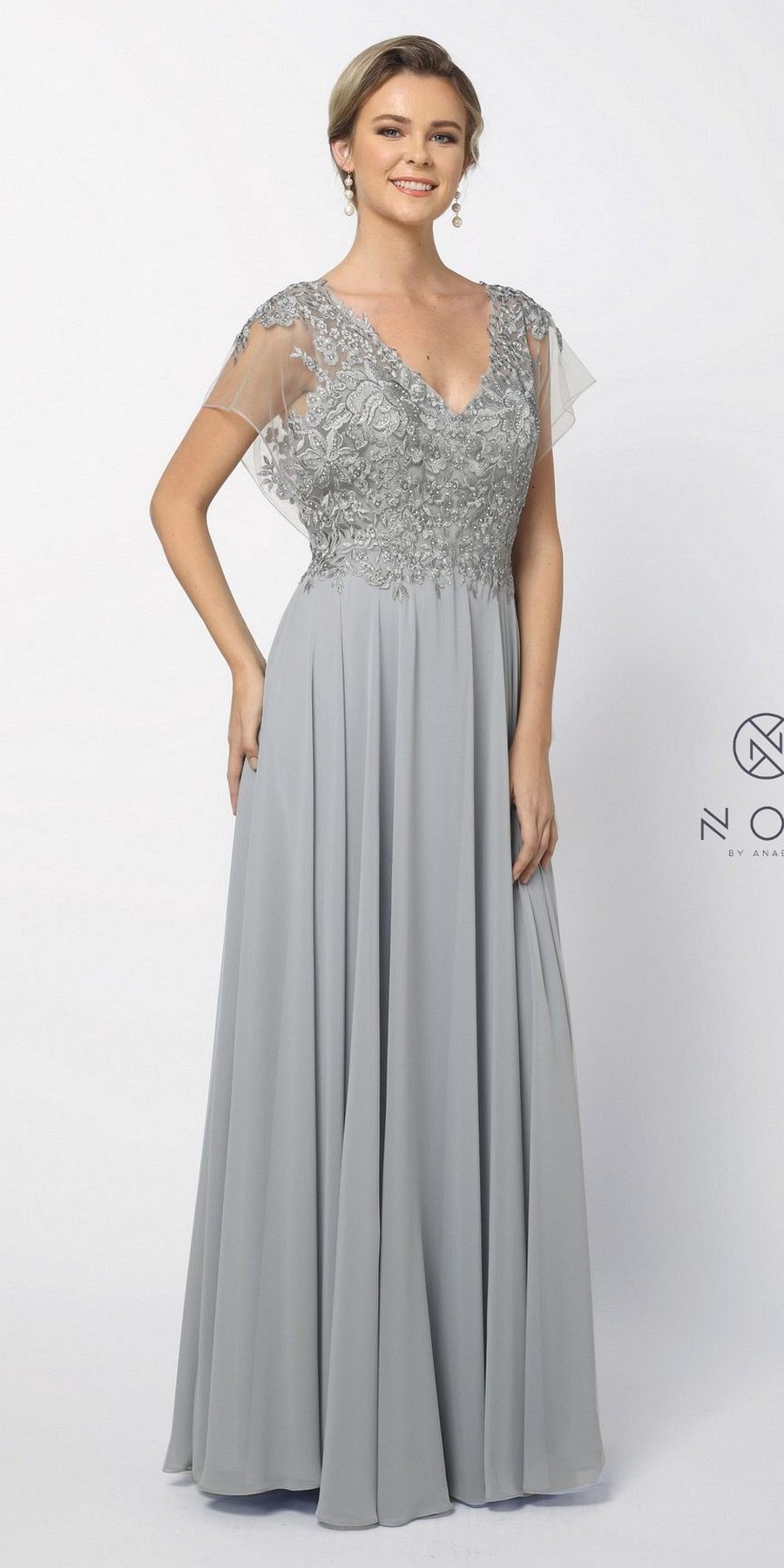 Long V-neck dress with silver lace bodice, sheer cap sleeves, gray flowing skirt