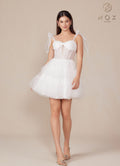 White A-line tulle dress with sweetheart bodice, bow shoulder straps, tiered ruffle skirt