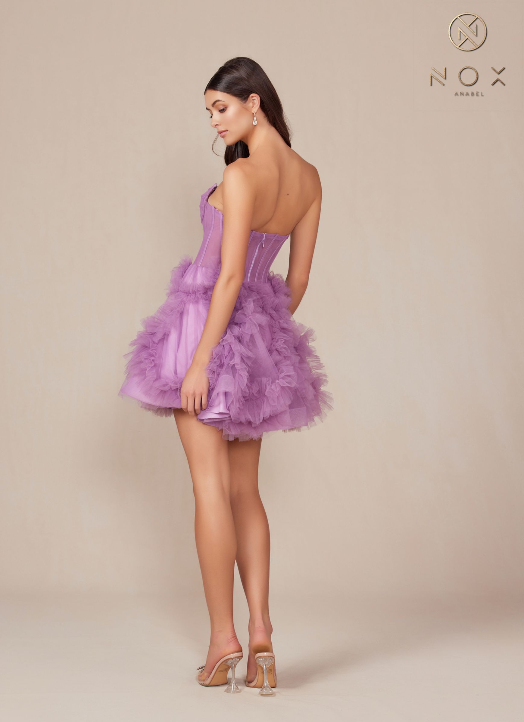Strapless sweetheart A-line dress in dusty lavender with layered ruffle skirt, side view