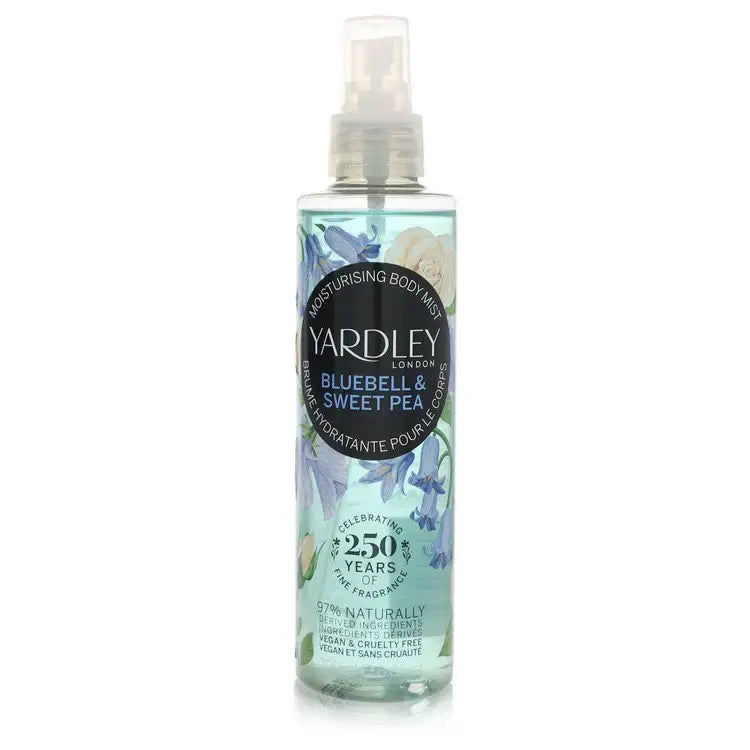 Yardley moisturizing body mist bottle with pump, clear liquid and blue floral label