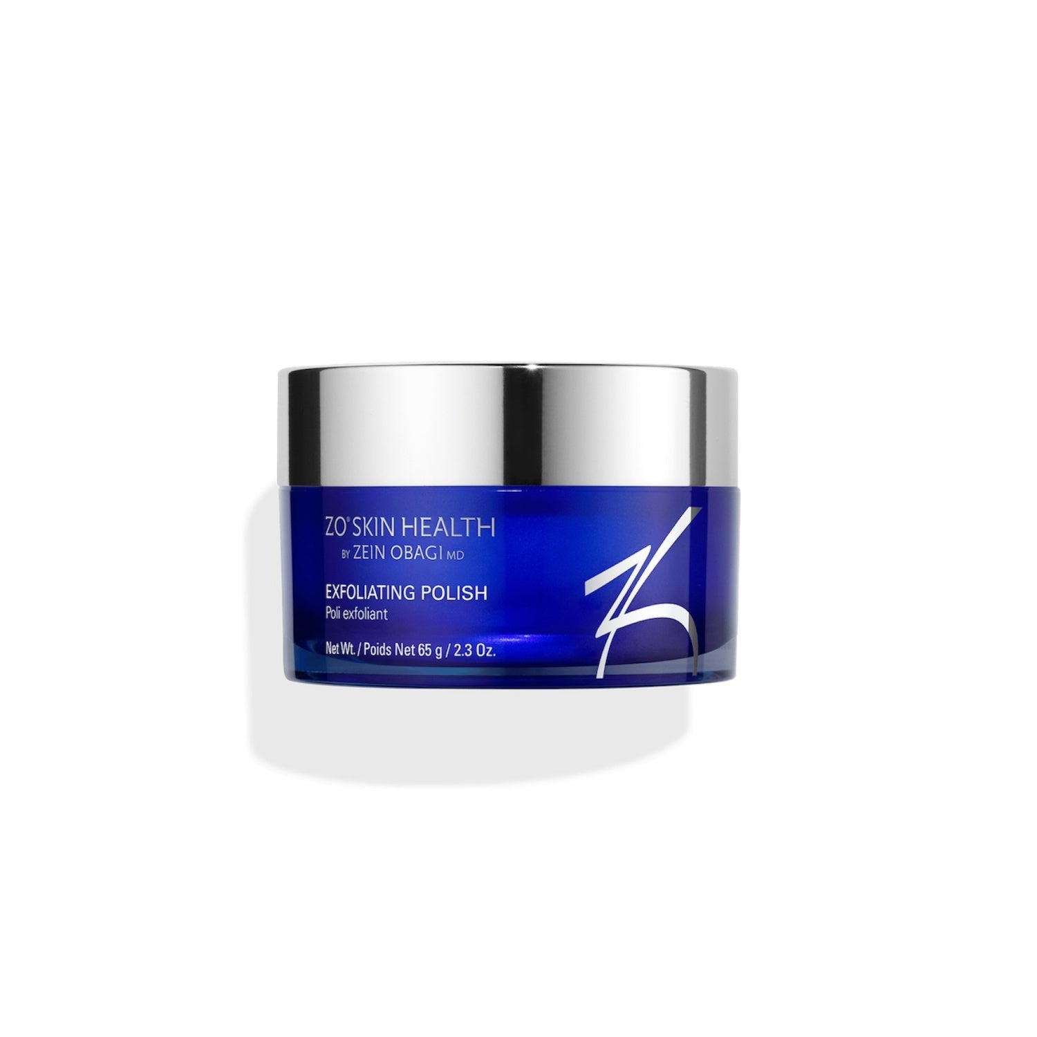 ZO Skin Health exfoliating polish jar, blue label, silver lid