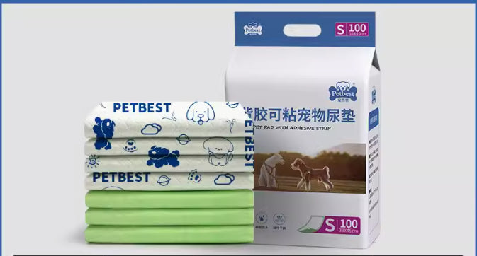 Adhesive pet training pads, green and white stacks with S-size box