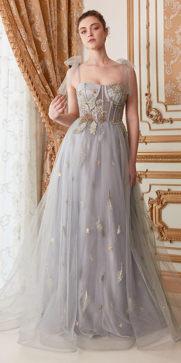 Embellished long tulle dress with corset bodice, star motifs, thin straps, blue-gray.