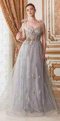 Embellished long tulle dress with corset bodice, star motifs, thin straps, blue-gray.