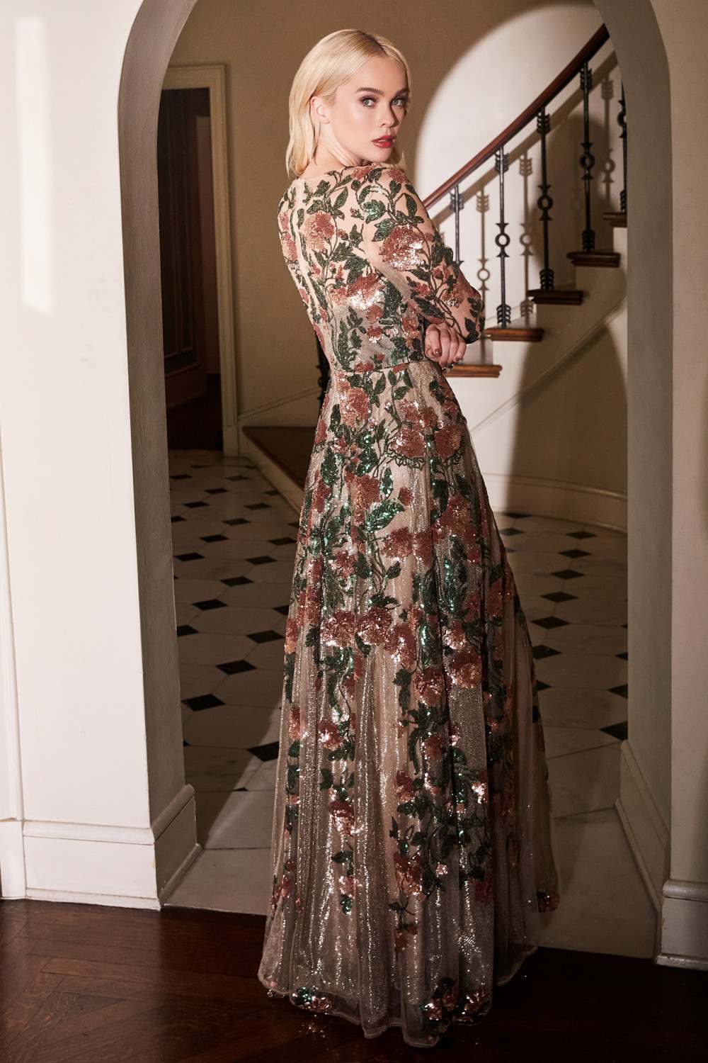 Long-sleeve evening gown with floral appliques, copper-toned, floor-length skirt