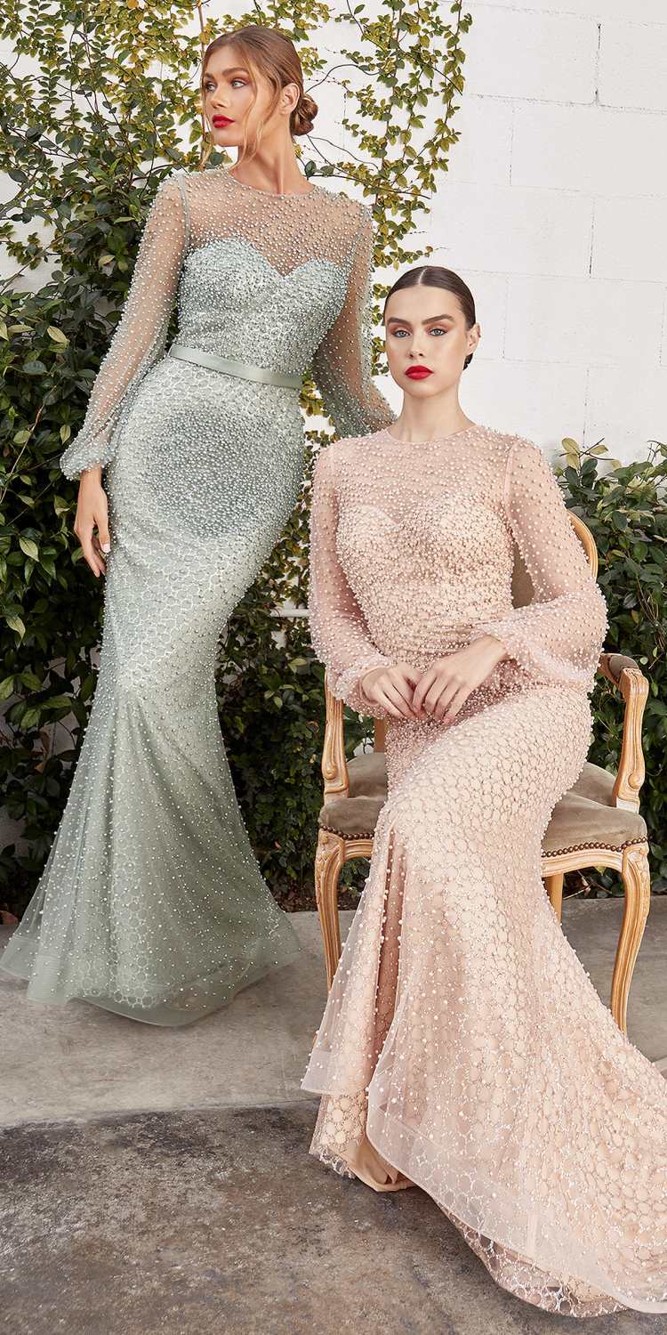 Dusty mint pearl-beaded long-sleeve fit-and-flare gown with heart neckline