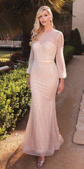 Pearl beaded long sleeve dress in off-white/nude with fitted waist and flared skirt