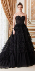 Black tulle ball gown with strapless corset bodice and tiered ruffle skirt