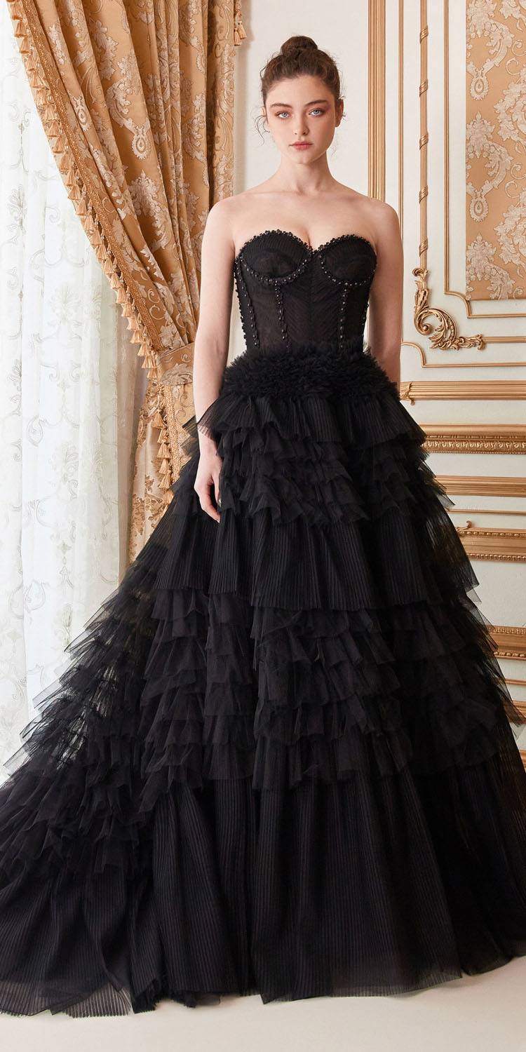 Black tulle ball gown with strapless corset bodice and tiered ruffle skirt