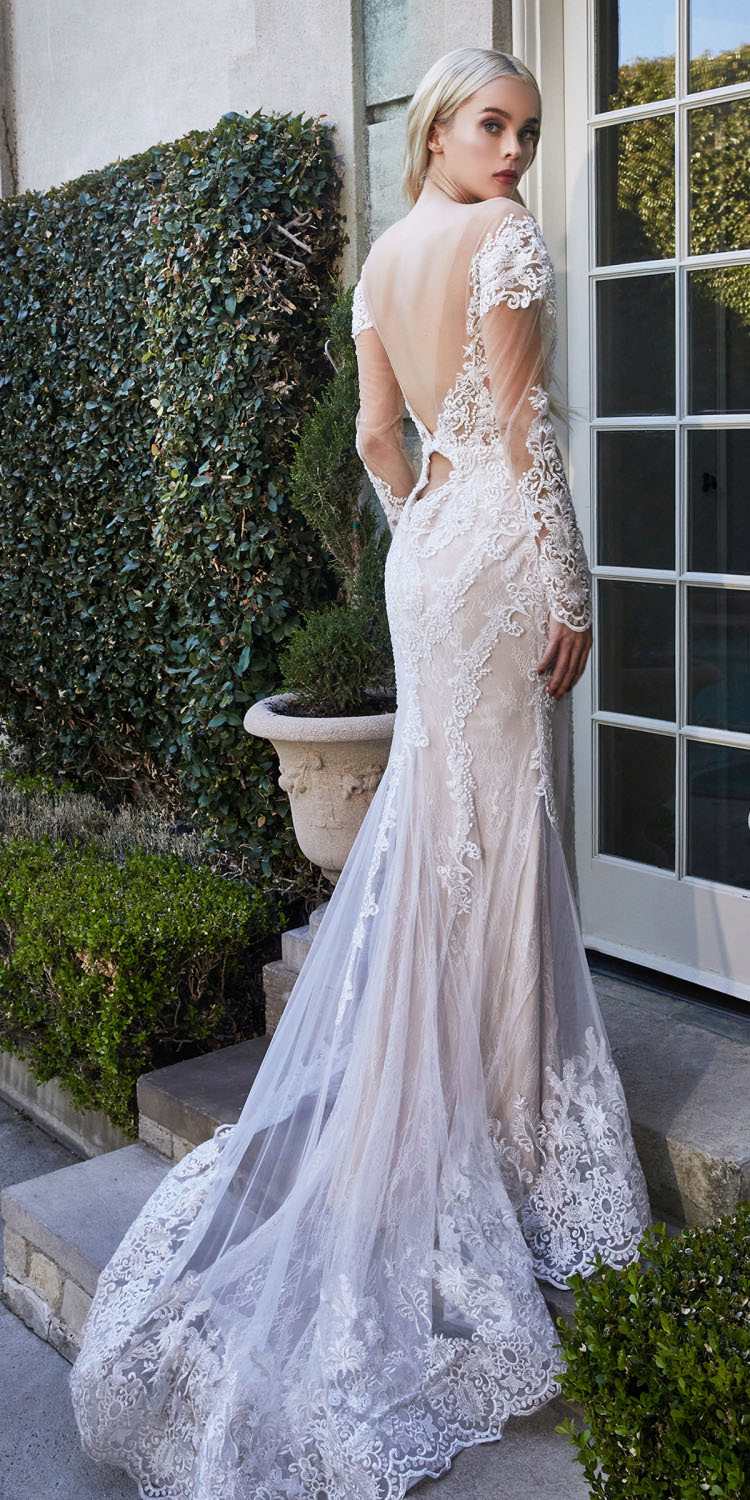 Off-white lace mermaid gown from back view with sheer lace detailing and long sleeves