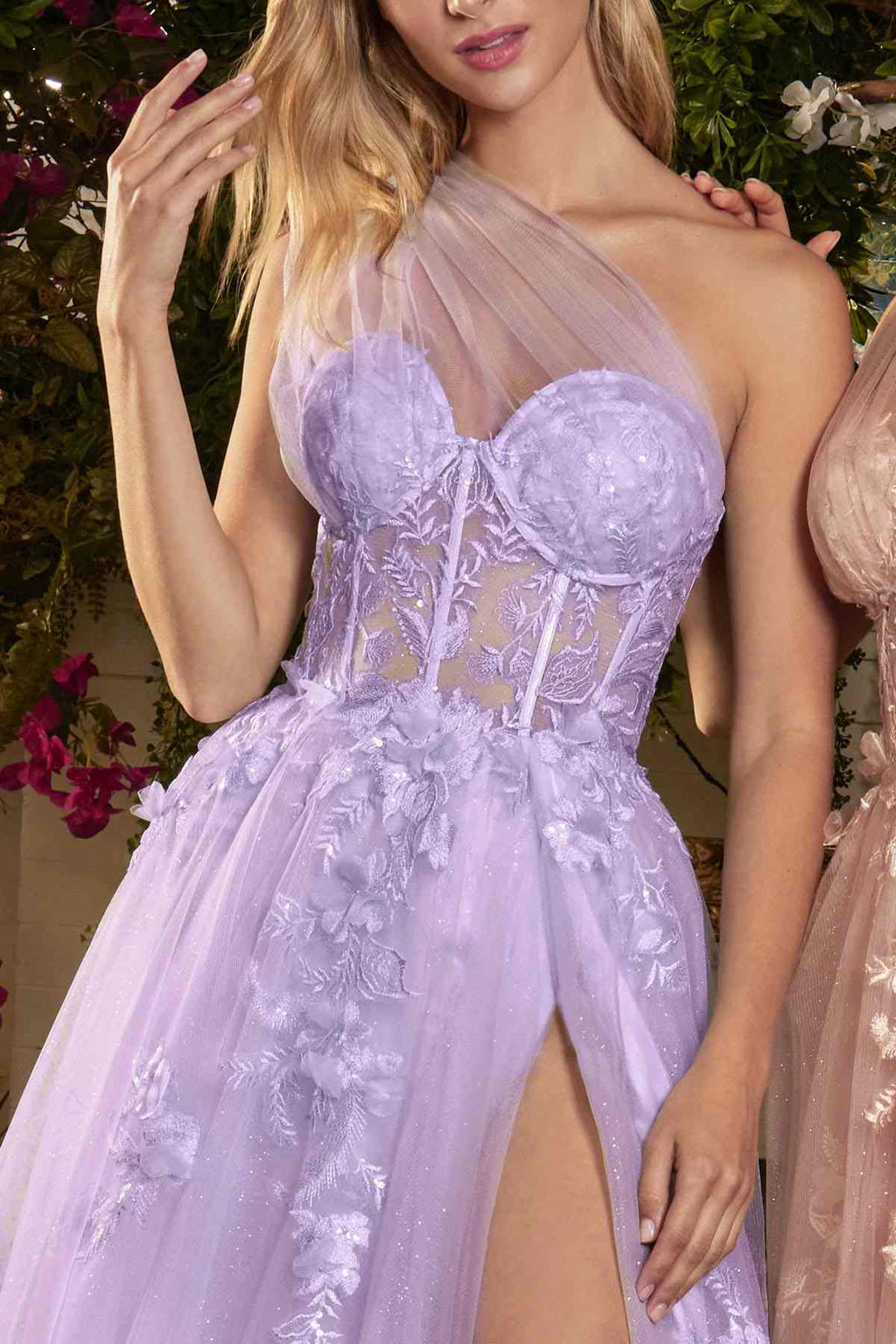 Strapless corset-style A-line ball gown in lavender with floral lace and tulle overlay