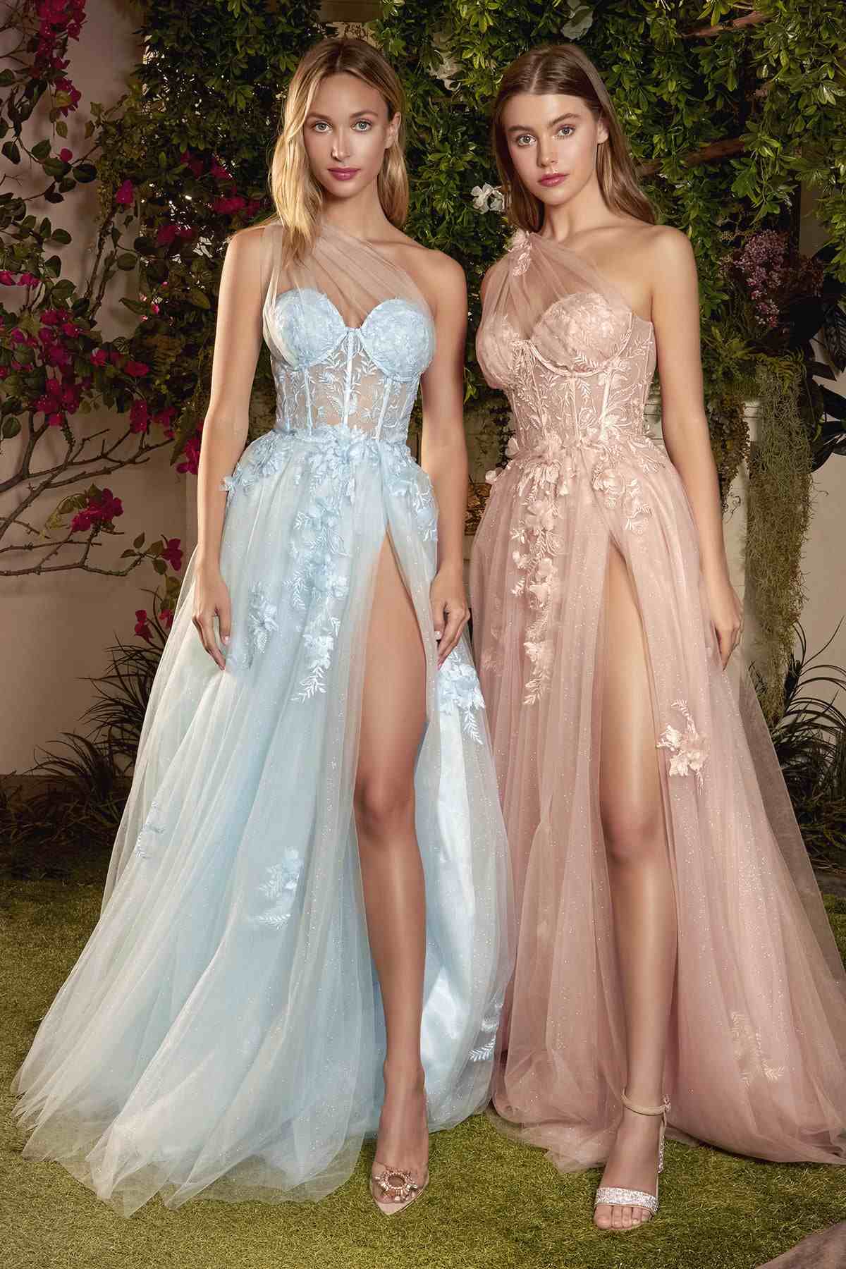 Two A-line ball gowns: light blue and blush pink with sweetheart neckline and tulle skirts