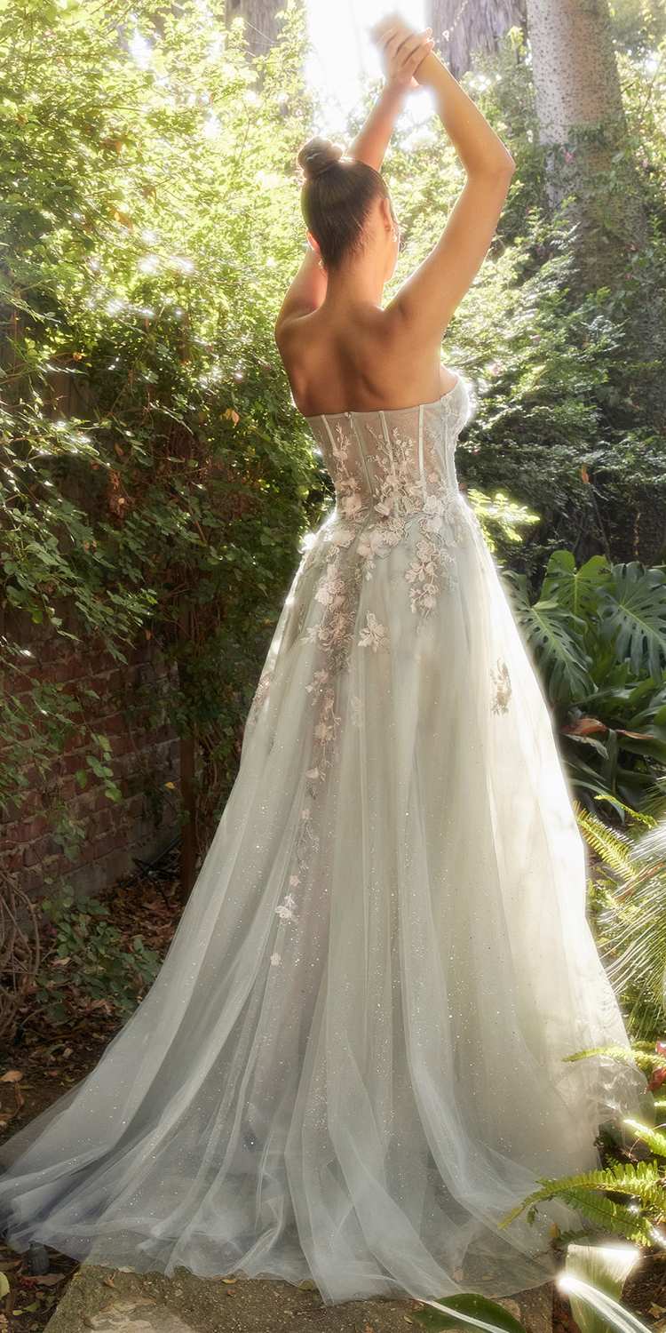 Backless strapless embroidered gown with floral details and full tulle skirt