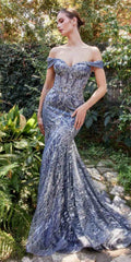 Smokey blue off-shoulder lace fit-and-flare gown with long corset bodice.