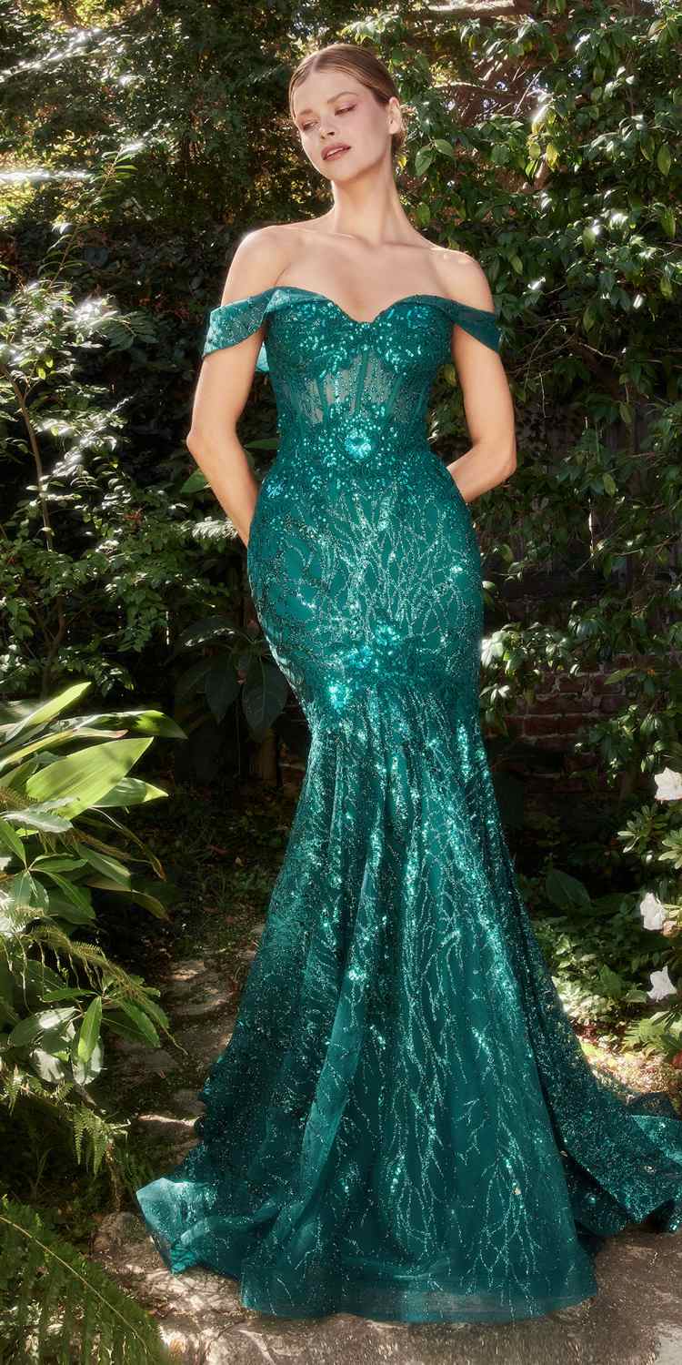Emerald green off-shoulder lace fit-and-flare gown with textured sparkle bodice.