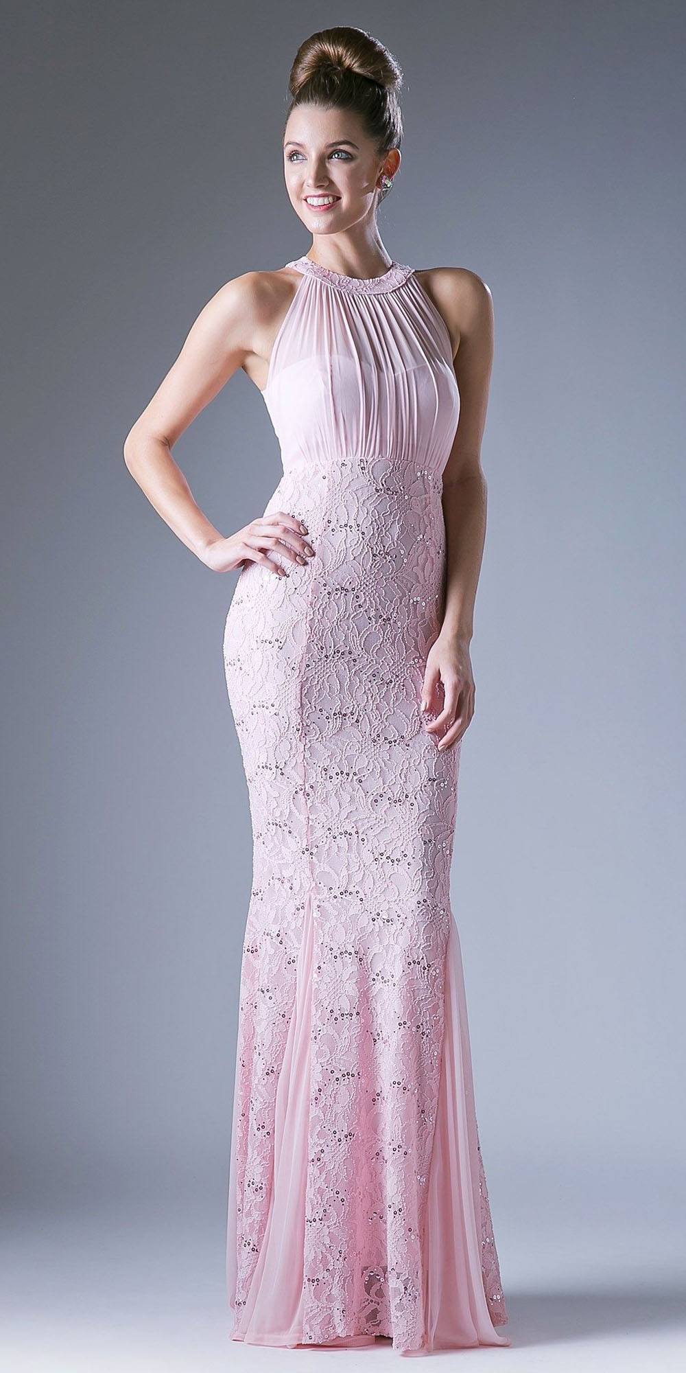 Light pink halter sheath formal dress with high neckline and lace-like beaded texture