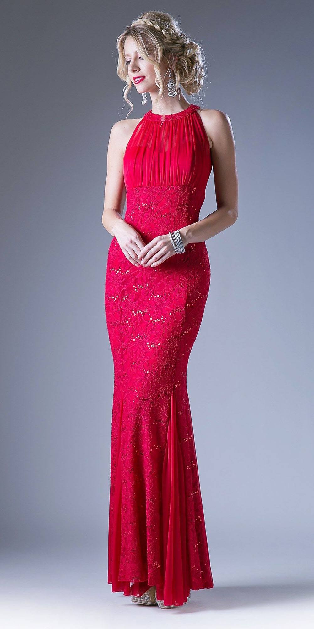 Red halter sheath formal dress with high neckline and fitted long beaded skirt