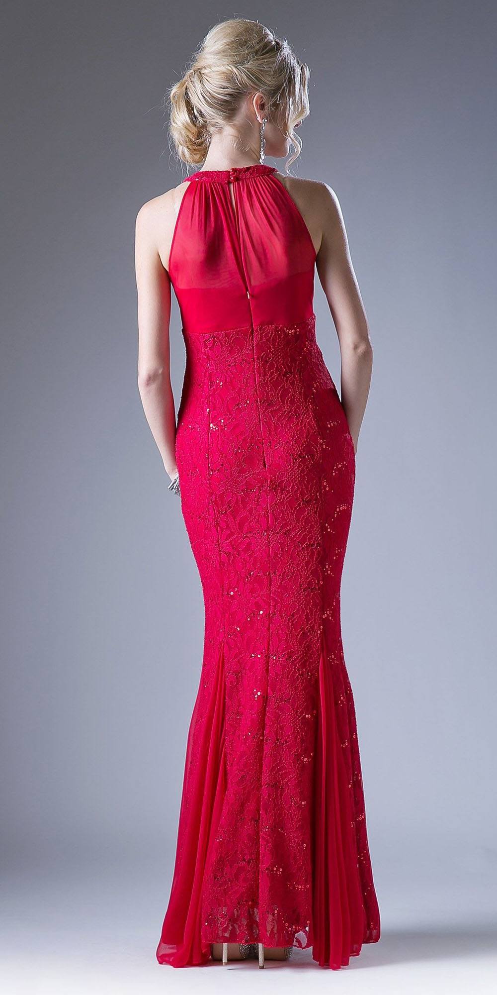 Red halter formal sheath dress with open back and long fitted beaded hem