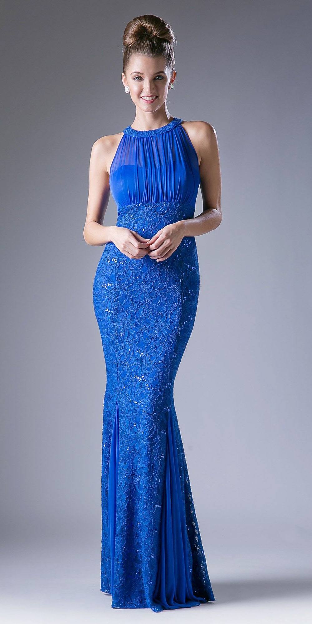 Royal blue halter sheath formal dress with high neckline and draped beadwork