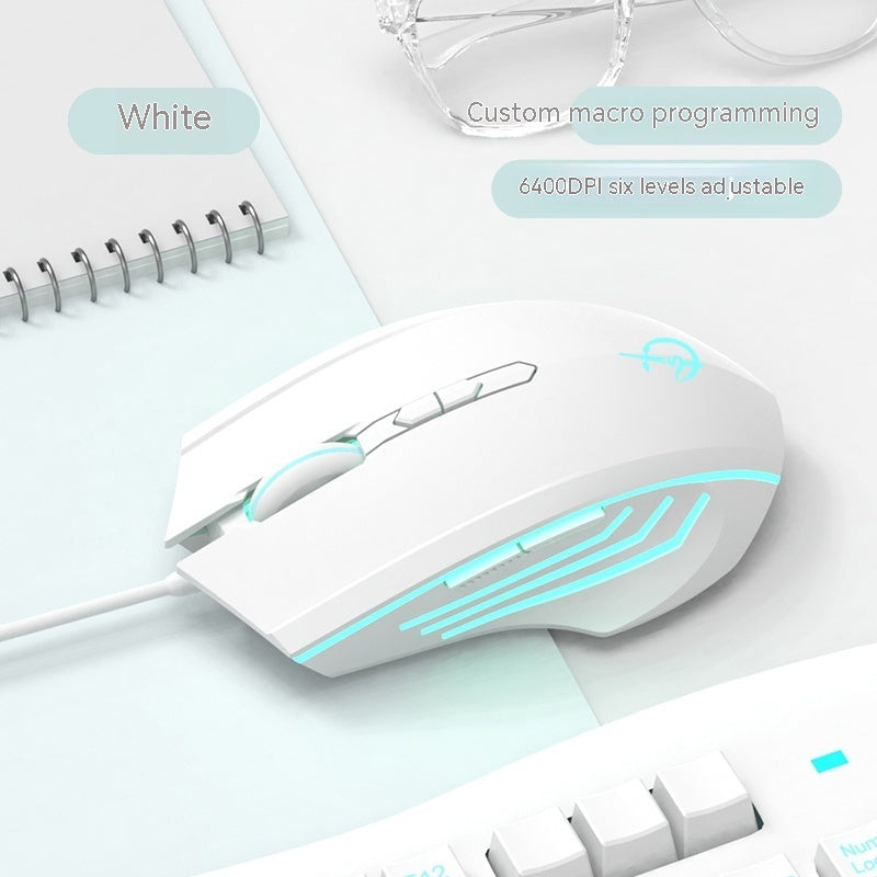 Wired esports gaming mouse in white with blue glowing light bars and side emblem.