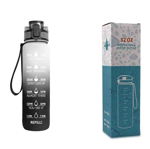 1L motivational time-marker water bottle with bounce cover, dark gray color, carry loop
