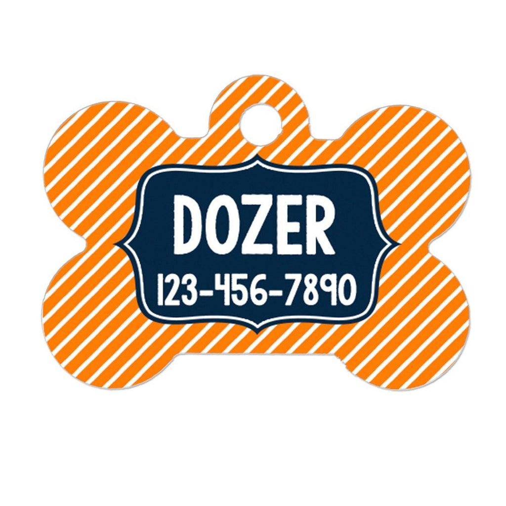 Bone-shaped dog tag with orange stripes and blue nameplate reading DOZER 123-456-7890