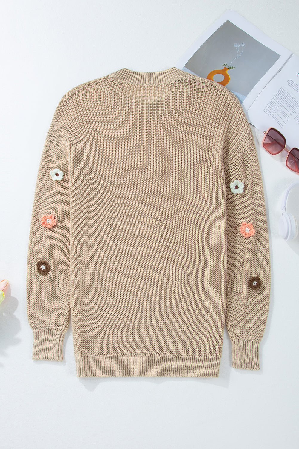 Hello Floral Embroidered Knit Long Sleeve Loose Sweater