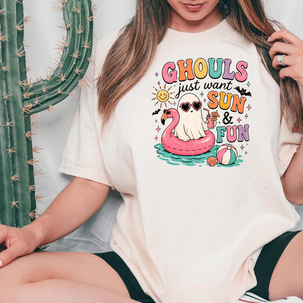 Ivory crew-neck T-shirt with “GHOULS just want SUN & FUN” graphic