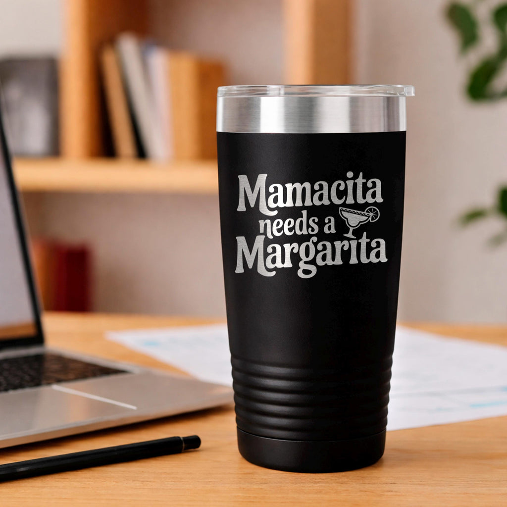 Black insulated tumbler with Mamacita needs a Margarita text and silver lid