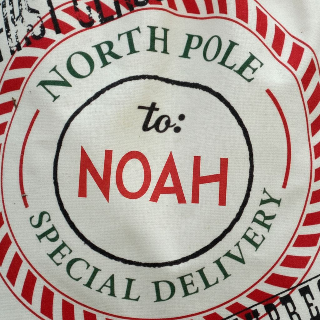 Close-up of North Pole seal on cream Santa bag with 'to: NOAH' text.