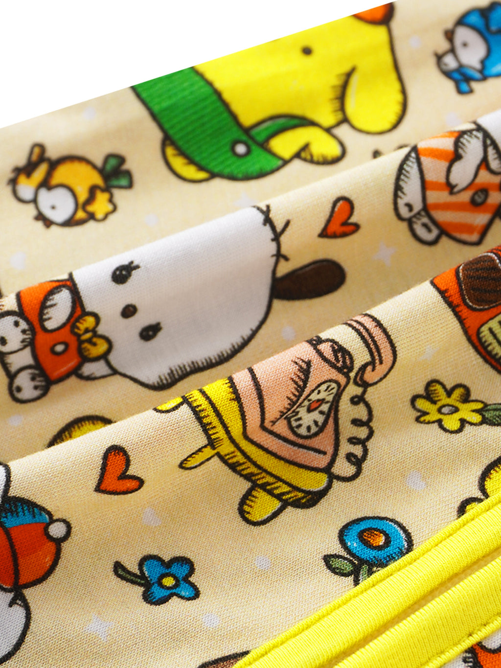 Baby romper fabric with illustrated animals and stars; yellow trim along edge