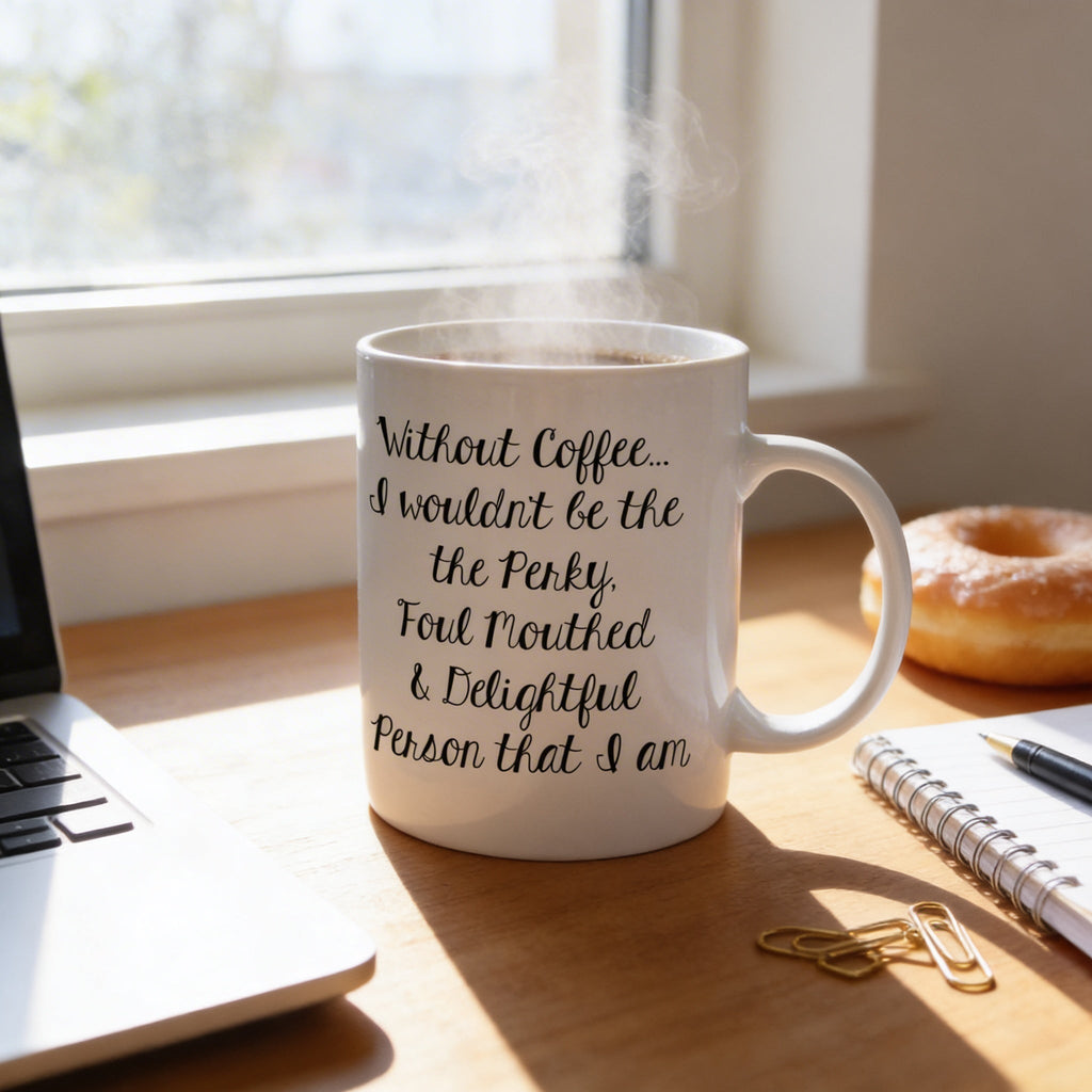 White ceramic coffee mug with black quote and visible steam rising from the cup