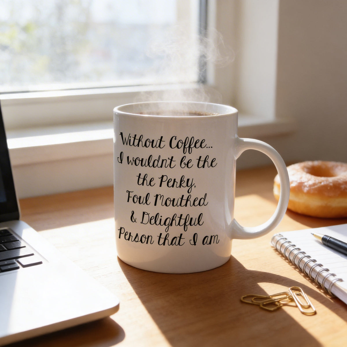 White ceramic coffee mug with black quote and visible steam rising from the cup