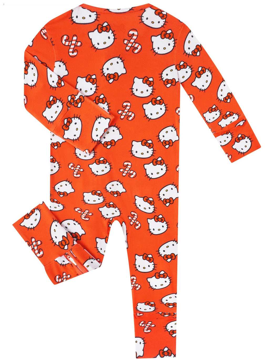 Red Hello Kitty baby footed romper with long sleeves and allover cat faces