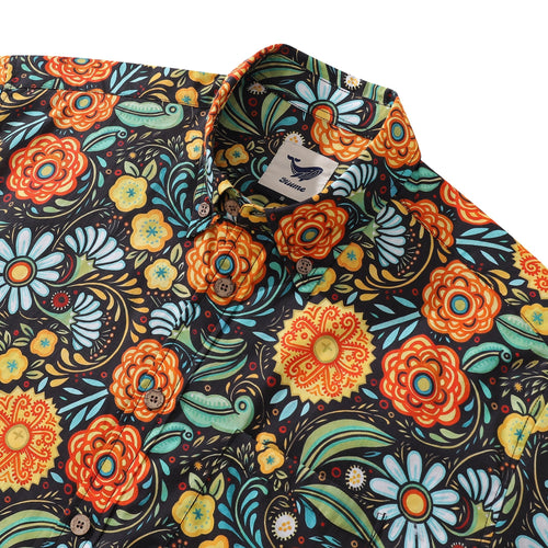 Men's Hawaiian shirt collar close-up with tropical print and button placket