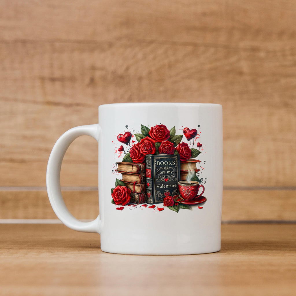 White ceramic mug with Valentine books and red rose graphic centered on front.