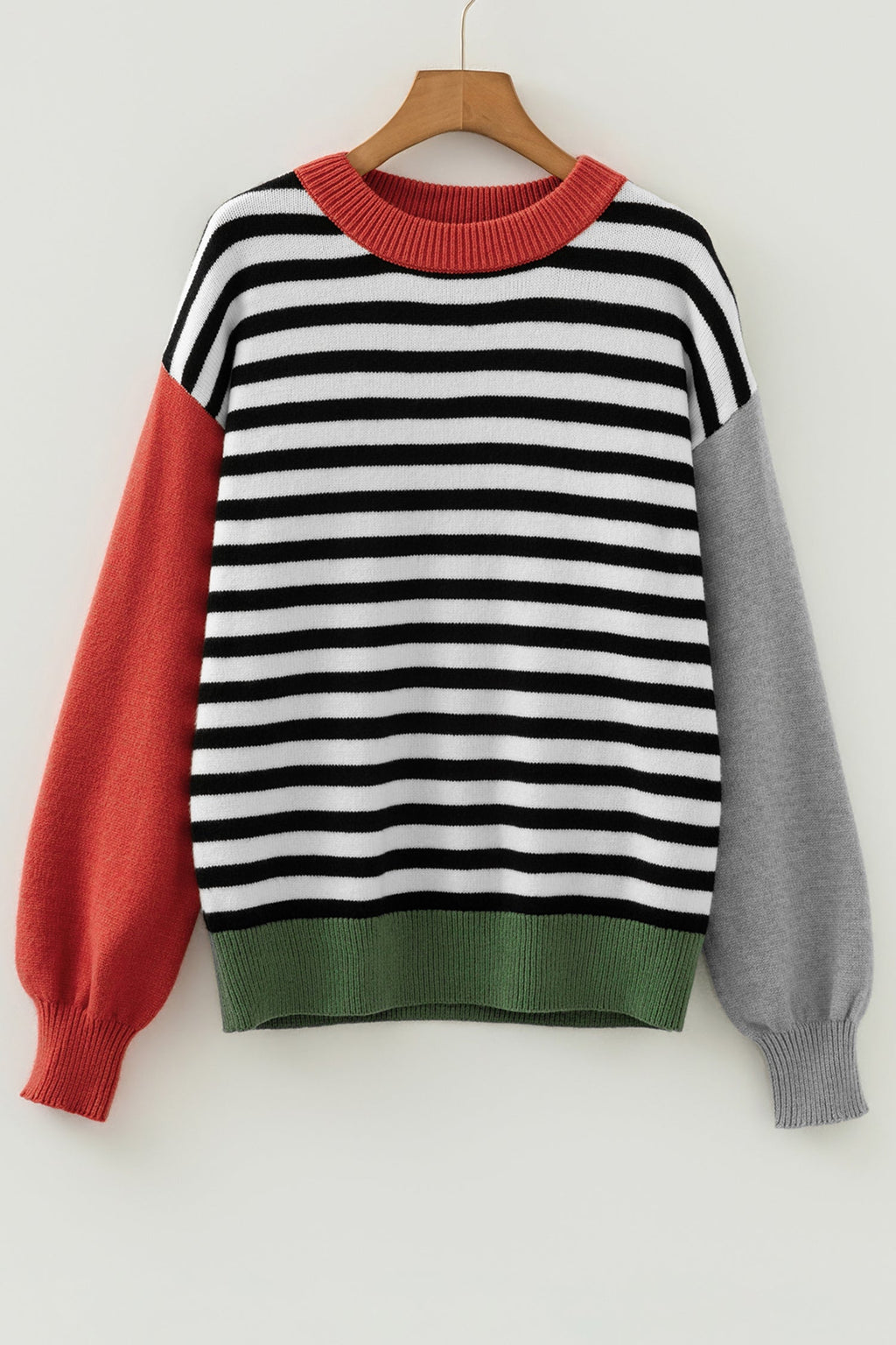 Stripe Colorblock Ribbed Trim Long Sleeve Sweater