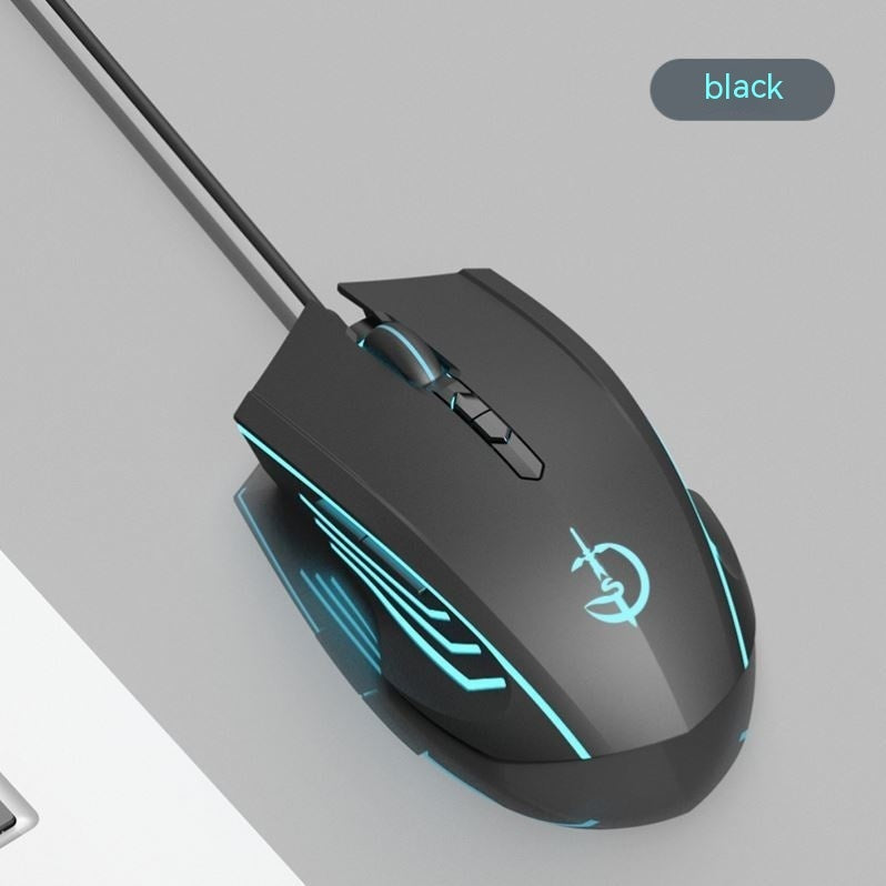 Black wired gaming mouse with teal LED stripes and glowing symbol, connected cable