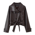 Trendy Wild Two-color Double Breasted Short Lace Up Leather Coat