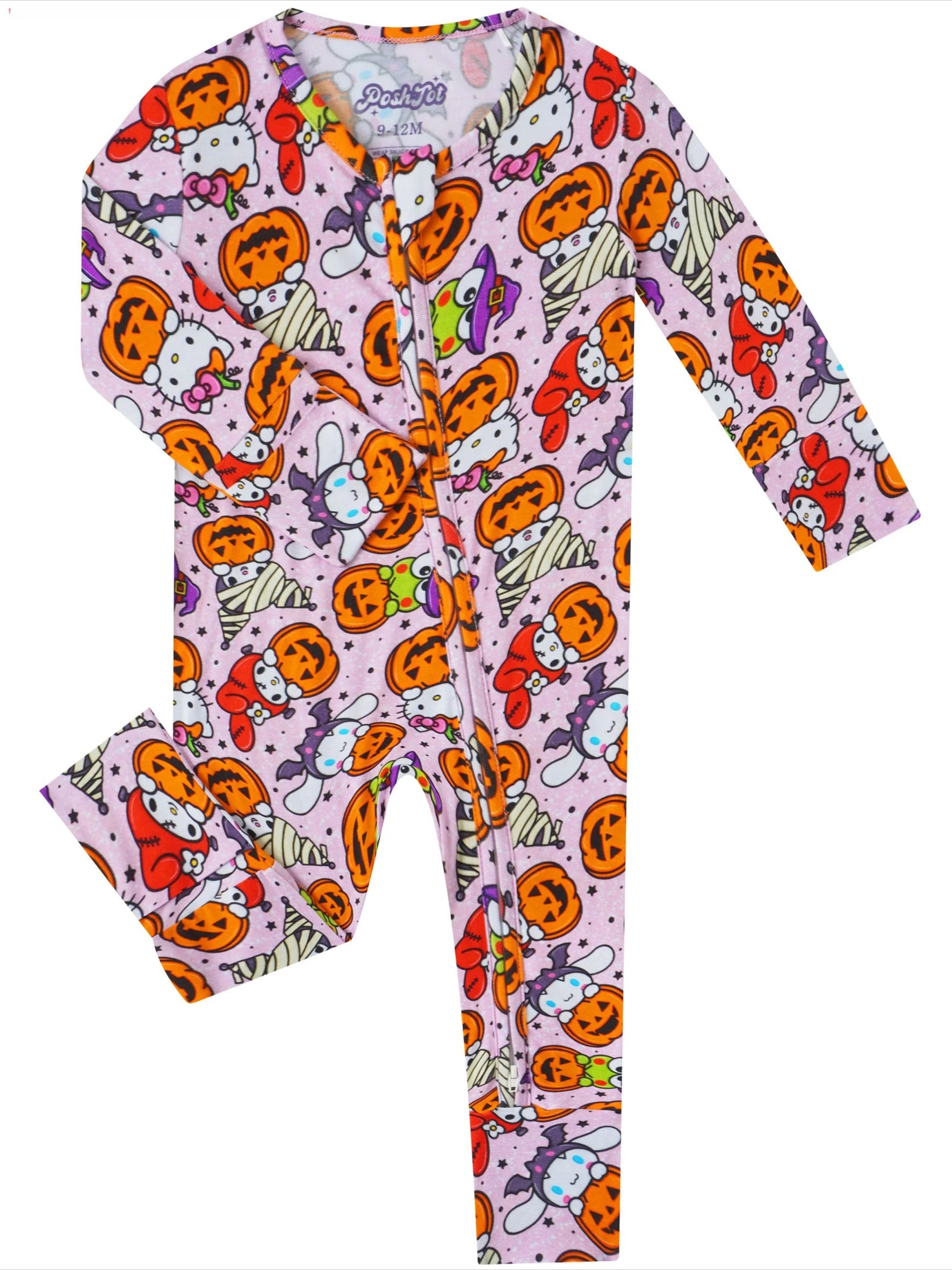 Baby bamboo romper, light lavender with Halloween Hello Kitty pumpkin character print