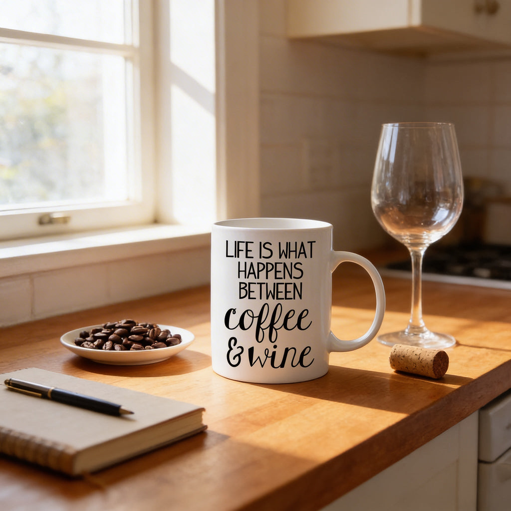 White ceramic coffee mug with black “Life is what happens between coffee & wine” text on counter.