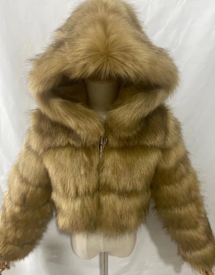 Short Hooded Faux Fur Long Sleeve Coat