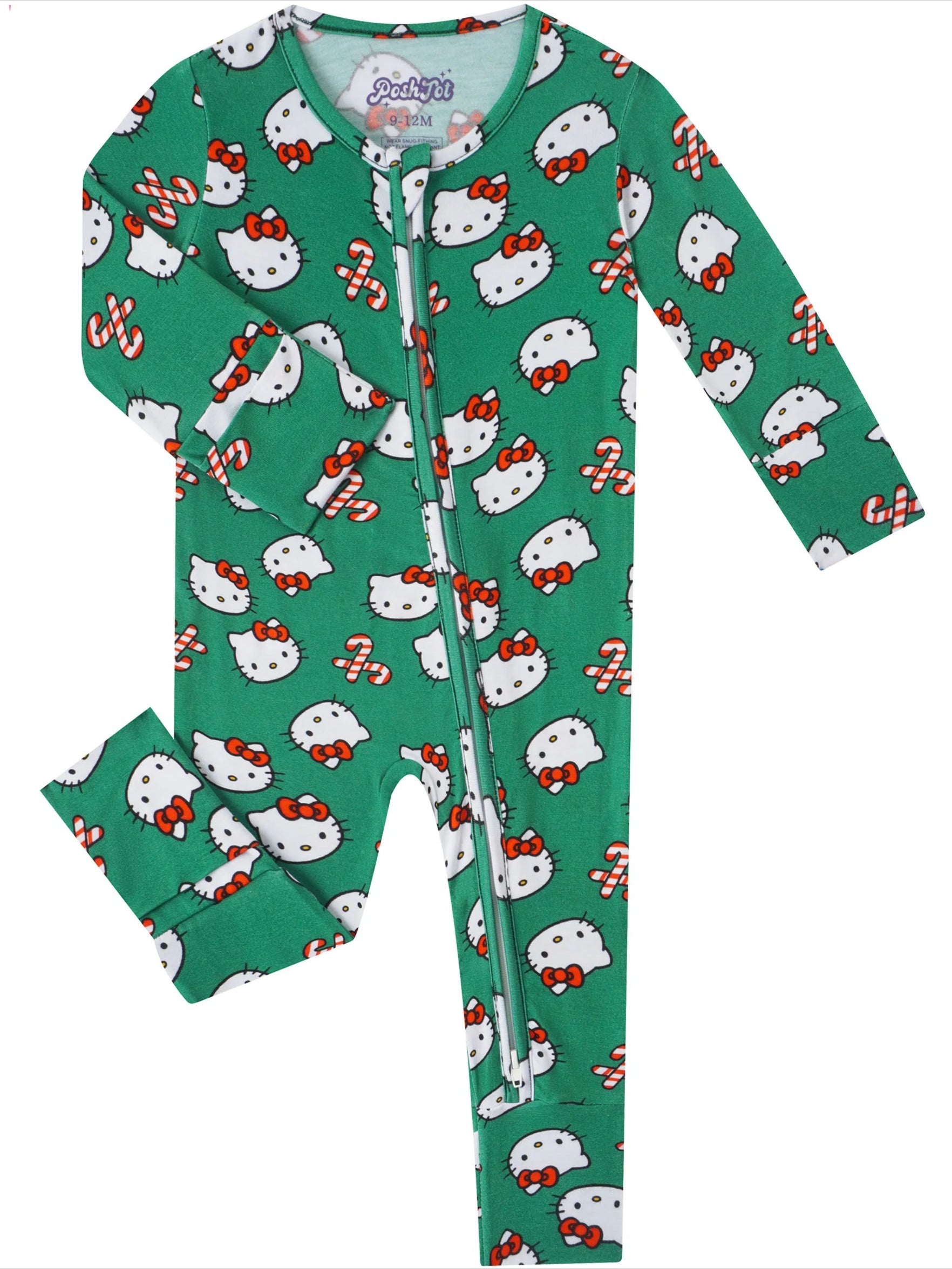 Green bamboo baby romper with long sleeves and Hello Kitty allover print, front zipper